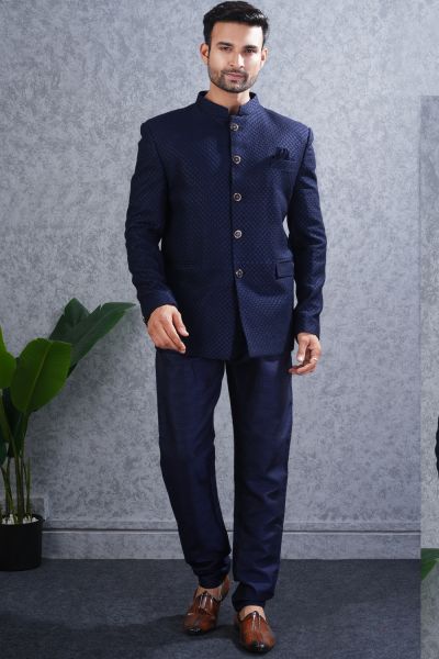 Navy Blue Tussar Silk Jodhpuri for Men (NMK-8462)