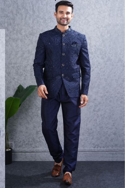 Navy Blue Tussar Silk Jodhpuri (NMK-8460)