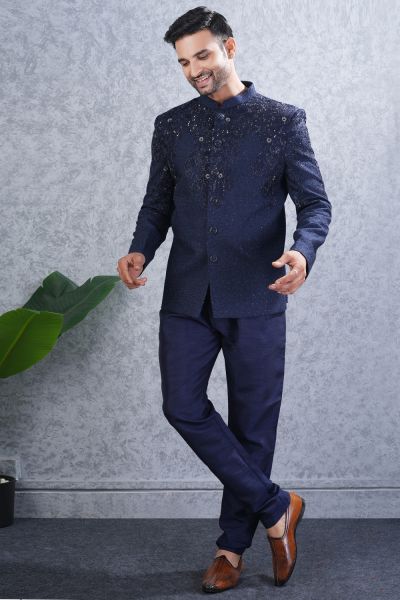 Navy Blue Tussar Silk Wedding Jodhpuri (NMK-8464)