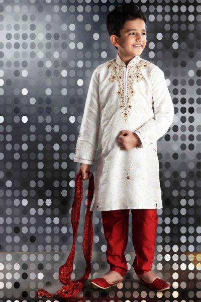 Off White Art Dupion Kids Kurta Pajama (NKK-262)