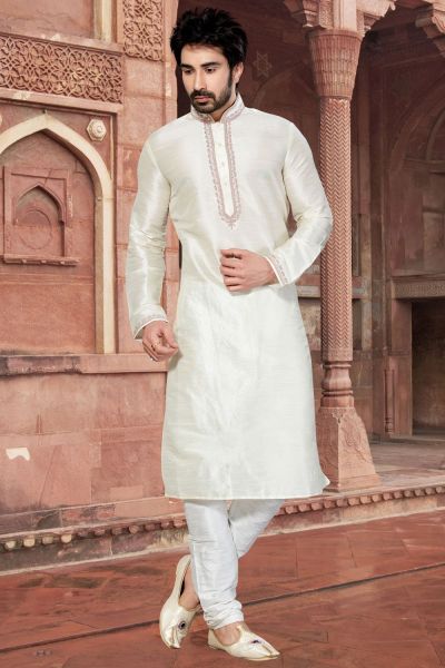 Off White Art Dupion Kurta Pajama (NMK-2946)