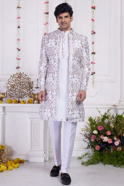 Off White Art Silk 3 piece Mens Jacket Set (NMK-8401)
