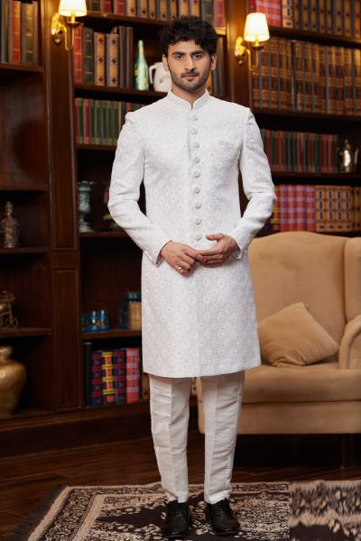 Off White Imported Jaquard Silk Sherwani (NMK-8281)