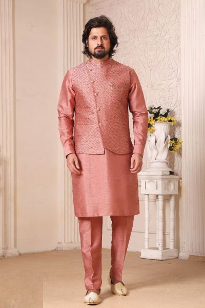 Onion Pink Art Silk Nehru Jacket for Mens (NMK-5609)