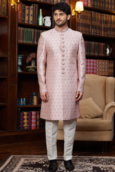 Onion Pink Imported Jaquard Silk Sherwani (NMK-8285)