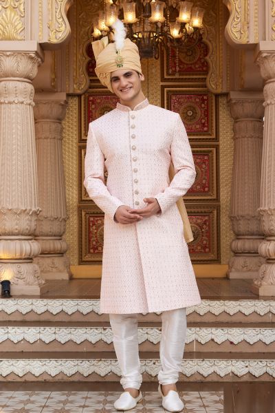 Peach Art Silk Mens Sherwani (NMK-8187)