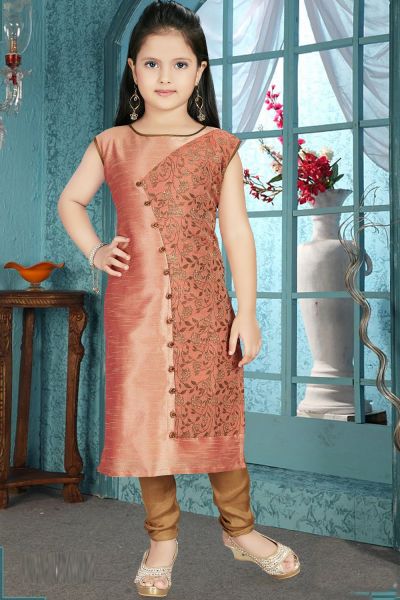 Peach Brocade,Art Silk Girls Salwar Kameez (NFG-213)