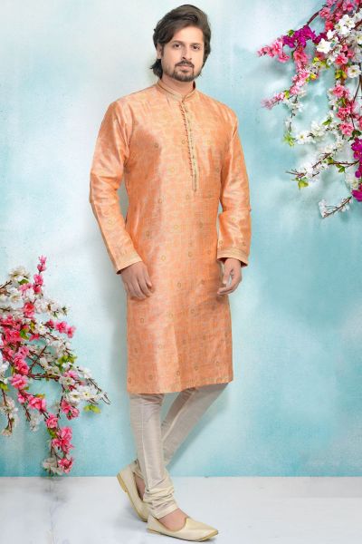 Peach Jaquard Kurta Pajama for Men (NMK-4914)