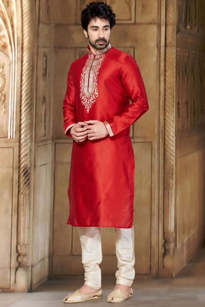 Red Dobby Dupion Kurta Pajama (NMK-2934)
