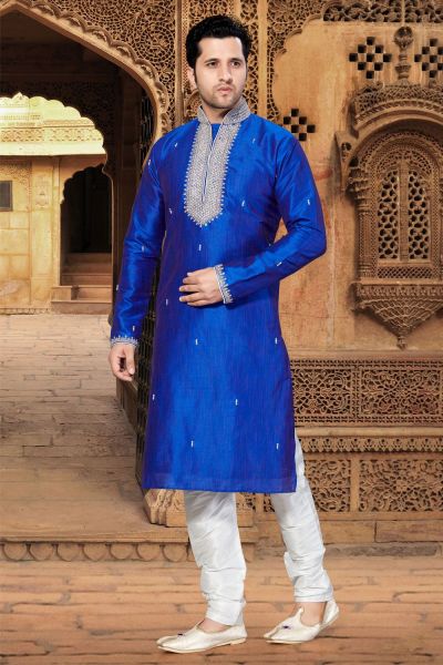 Royal Blue Art Dupion Kurta Pajama (NMK-2912)