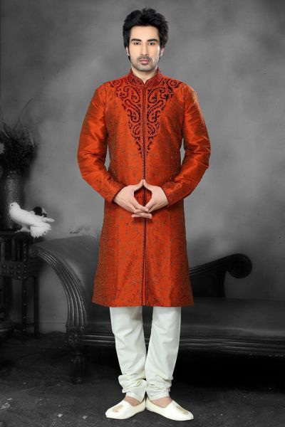 Rust Art Dupion Designer Kurta Pajama (NMK-2185)