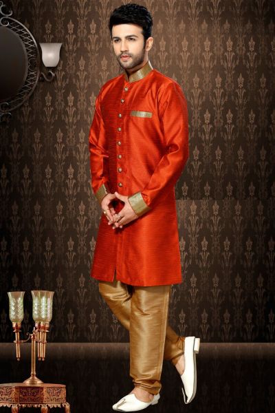 Rust Giccha Silk Indo Western Kurta (NMK-3196)