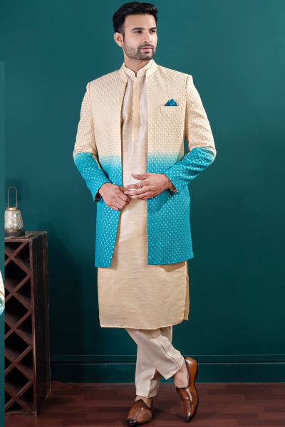 Shaded Gold and Blue Art Silk kurta with jacket (NMK-8436)