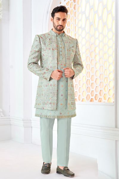 Sky Blue Art Embroidered Silk Indo Western (NMK-8546)