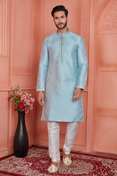 Sky Blue Jaquard Silk Brocade Kurta Pajama (NMK-8156)
