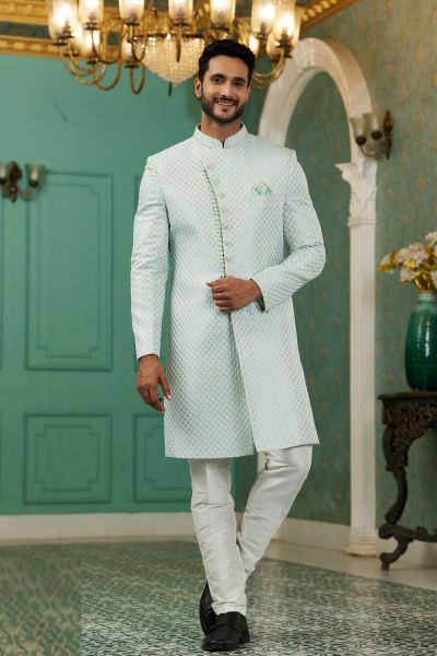 Sky Blue Jaquard Silk Indo Western (NMK-7147)