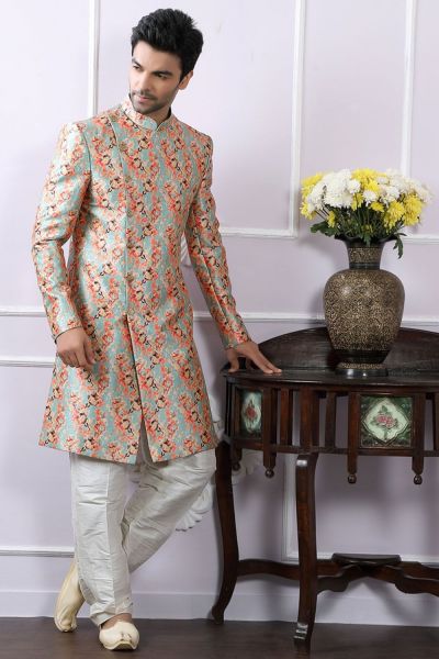 Sky Blue Silk Indo Western Kurta (NMK-4097)
