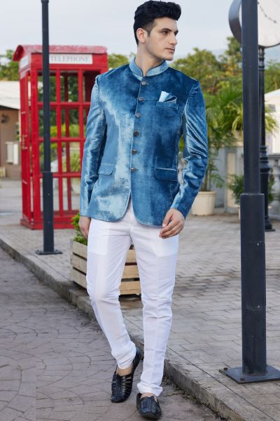 Teal Blue Velvet Jodhpuri (NMK-8226)