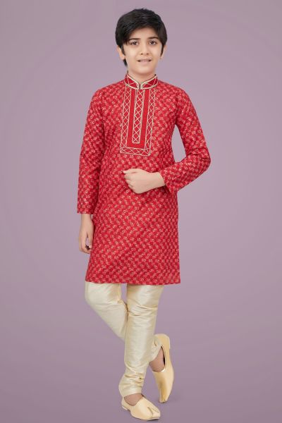 Tomato Red Printed Cotton Silk Boys Kurta Pajama (NKK-689)