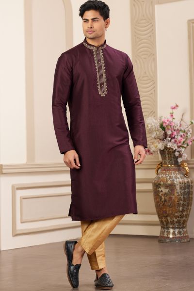 Wine Banarasi Art Silk Kurta Pajama (NMK-8467)