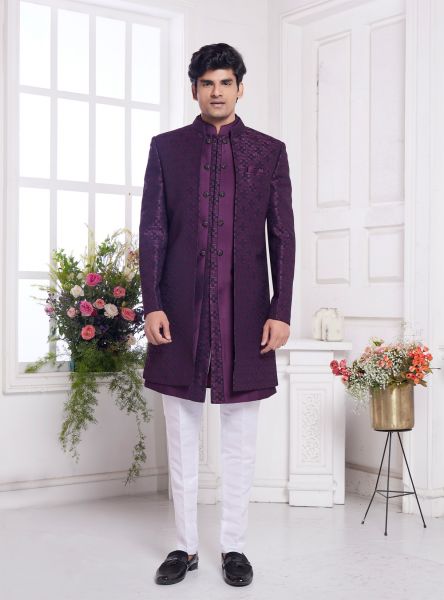 Wine Imported Jaquard Silk 3 Pcs Jacket Set (NMK-8336)