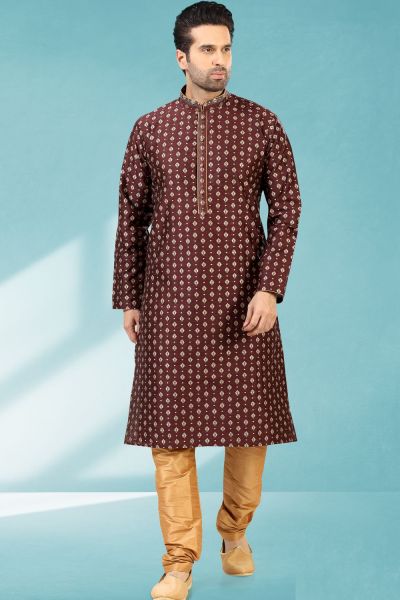 Wine Jaquard Silk Brocade Kurta Pajama (NMK-5198)
