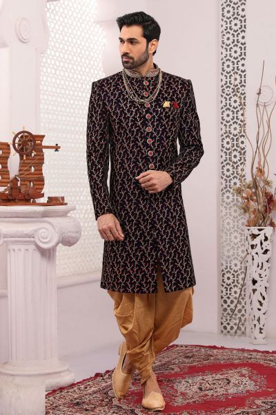 Wine Velvet Sherwani for Mens (NMK-5577)