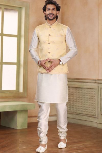Yellow Jaquard Banarasi Silk Nehru Jacket (NMK-6907)