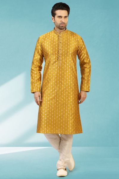 Yellow Jaquard Silk Brocade Kurta Pajama (NMK-5196)