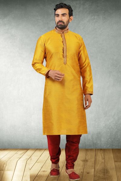 Yellow Jaquard Silk Brocade Mens Kurta Pajama (NMK-5174)