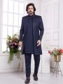 Blue Imported Jaquard Silk Indowestern Jacket Set (NMK-8334)