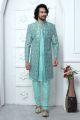 Blue Jaquard Silk Mens Indo Western (NMK-7176)
