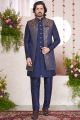 Blue Silk 3 piece Jaquard Jacket Set (NMK-8420)