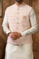 Cream Art Banarasi Silk Nehru Jacket (NMK-6369)