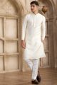 Cream Banarasi Art Silk Kurta Pajama (NMK-8478)