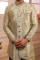 Cream, Blue Jaquard Silk Brocade Indo Western (NMK-4466)