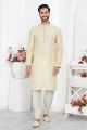 Cream Jaquard Silk Brocade Mens Kurta (NMK-7750)