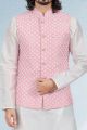 Embroidered Art Silk Pink Nehru Jacket for Men (NMK-6469)