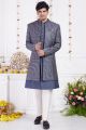 Embroidered Blue Art Silk 3 piece Jacket Set (NMK-8408)