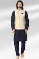 Jaquard Banarasi Silk Cream Mens Nehru Jacket (NMK-6487)