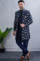 Navy Blue Art Silk Mens kurta with jacket (NMK-8456)