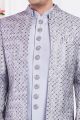 Off White Art Silk Mens 3 piece Jacket Set (NMK-8405)