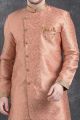 Peach Jaquard Silk Brocade Mens Indo Western Kurta (NMK-5003)
