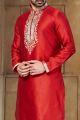 Red Dobby Dupion Kurta Pajama (NMK-2934)