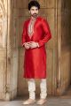 Red Dobby Dupion Kurta Pajama (NMK-2934)