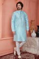 Sky Blue Jaquard Banarasi Silk Mens Kurta (NMK-8169)