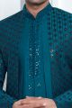 Teal Blue Velvet Silk 4 piece attached Jacket Set (NMK-7870)