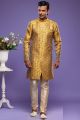 Yellow Banarasi Jaquard Mens Indo Western (NMK-7033)