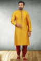 Yellow Jaquard Silk Brocade Mens Kurta Pajama (NMK-5174)