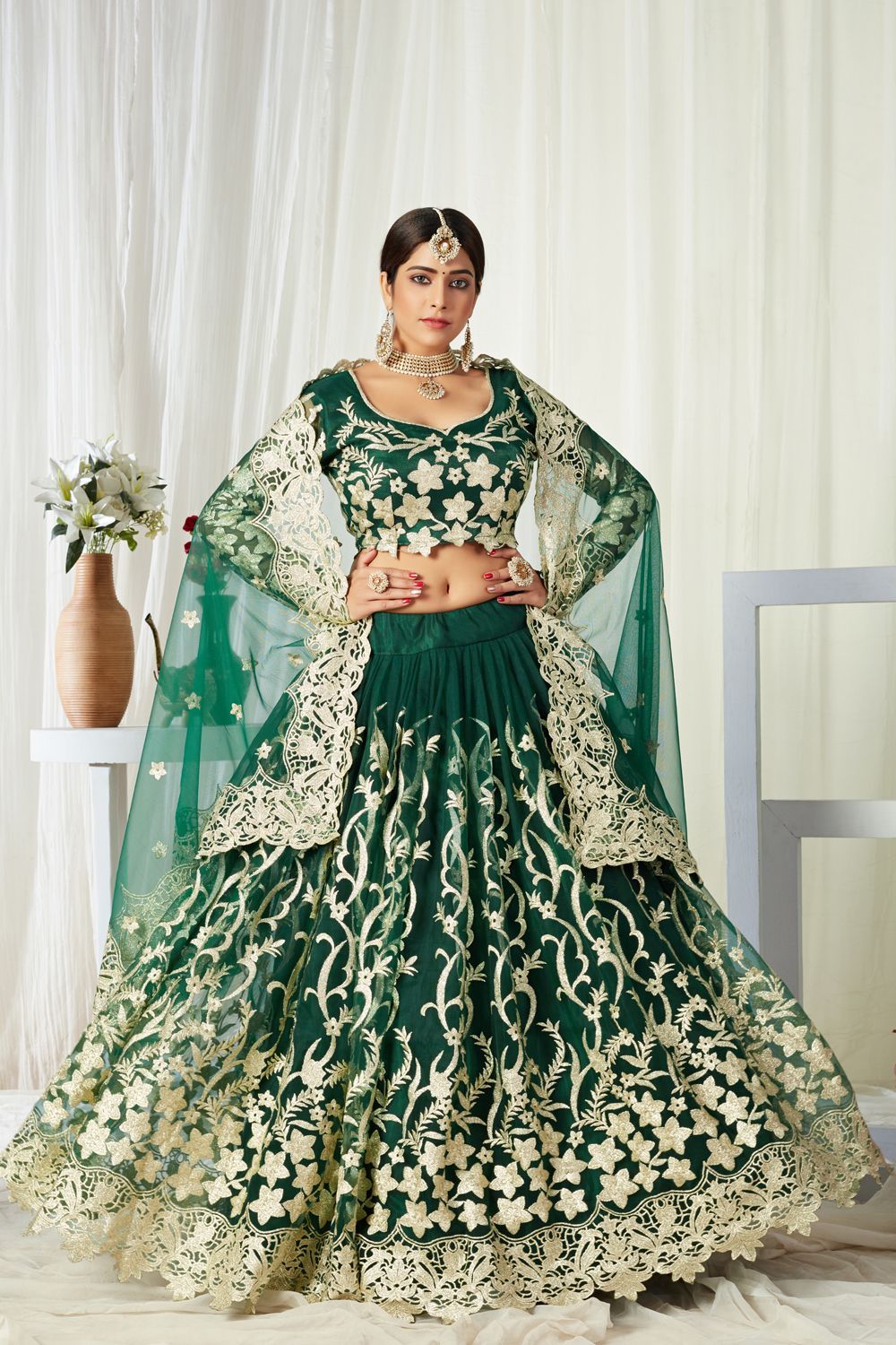 Green net lehenga choli with dupatta Clearance